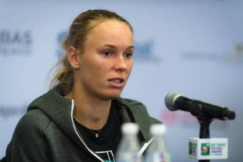 October 21, 2018 - Kallang, SINGAPORE - Caroline Wozniacki of Denmark talks to the media after losing her first match at the 2018 WTA Tennis Damen Finals tennis tournament 2018 WTA Finals - 21 Oct - ZUMAa181 20181021_zaa_a181_093 Copyright: xAFP7x