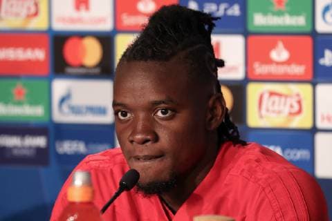 Bertrand Traore Lyon 10 at the Press Conference PK Press Conference Press Conference Media Date Still Shot Action Action Game Scene Portrait Portrait Football UEFA Champions League Press Conference Olympique Lyon xozx