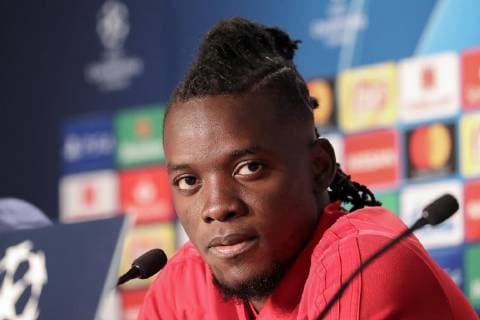 Bertrand Traore Lyon 10 at the Press Conference PK Press Conference Press Conference Media Date Still Shot Action Action Game Scene Portrait Portrait Football UEFA Champions League Press Conference Olympique Lyon xozx