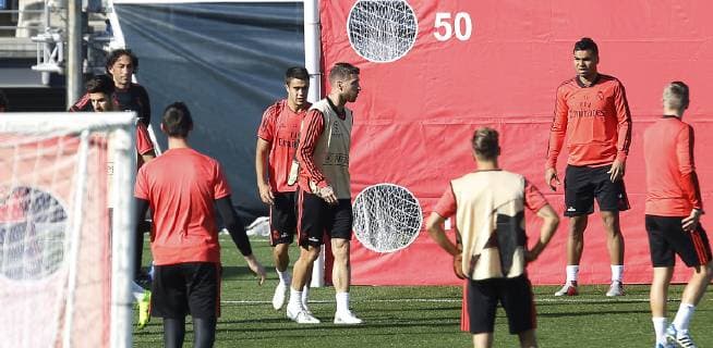 Entrenamiento del Real Madrid en Valdebebas. En la imagen, Sergio Ramos y Reguilon.Real Madrid training session. In this picture, Sergio Ramos and Reguilon. 