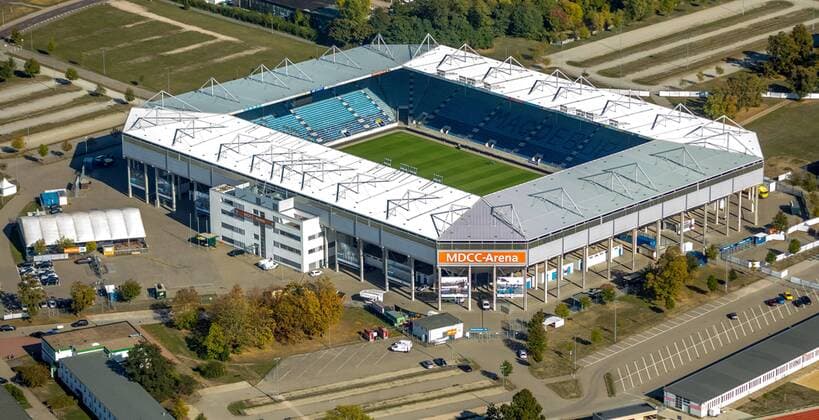 Aerial view MDCC Arena football stadium Stadium 1 FC Magdeburg e V Brückfeld Magdeburg Saxony Anhalt Germany ATTENTIONxMINDESTHONORARx60xEURO