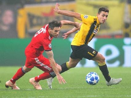 AEK Athens v Bayern Munich UEFA Champions League Kostas Galanopoulos of AEK Athens and Javi Martinez of Bayern Munich during the UEFA Champions League match at Olympic Stadium, Athens Content Not Available For UK Newspapers Copyright: xYannisxHalasx FIL-12443-0016