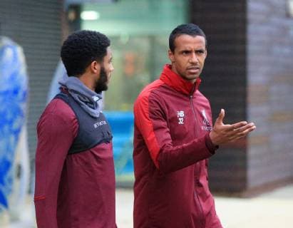 23rd October 2018, Melwood Training Complex, Liverpool, England; UEFA Champions League football, Liverpool versus Red Star Belgrade press conference PK Pressekonferenz Joel Matip of Liverpool chats with team mate Joe Gomez  ActionPlus12072492 DavidxBlunsden