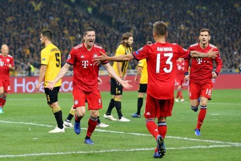 Robert Lewandowski Bayern Munich 9 Rafinha Bayern Muenchen 13 rejoicing after 0 2 AEK Athens vs Bayern Munich Muenchen Champions League Group Stage 23 10 2018 AEK Athens vs Bayern Munich Muenchen Champions League Group Stage 23 10 2018 Athens Copyright: xLanger Eibner-Pressefotox EP_HLR