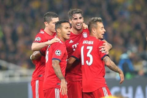 Robert Lewandowski Bayern Munich 9 Thiago Alcantara Bayern Munich 6 Javier Martinez Bayern Munich 8 Rafinha Bayern Munich 13 rejoicing after 0 1 AEK Athens vs Bayern Munich Muenchen Champions League Group Stage 23 10 2018 AEK Athens vs Bayern Munich Muenchen Champions League Group Phase 23 10 2018 Athens Copyright: xLanger Eibner-Pressefotox EP_HLR