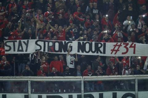 fans of Benfica with the banner stay strong Nouri 34 during the UEFA Champions League group E match between TSG 1899 Hoffenheim and Olympique Lyonnais at Rhein-Neckar-Arena on October 23, 2018 in Sinsheim, Germany UEFA Champions League 2018 2019 xVIxVIxImagesx xMauricexvanxSteenxIVx 12540000