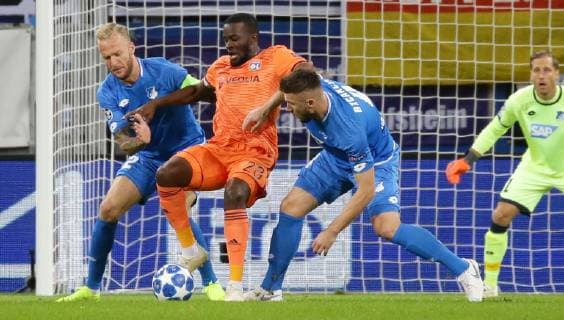 Sinsheim Football Champions League TSG Hoffenheim vs Olympique Lyon from left Kevin Vogt Hoff Tanguy Ndombele Lyon Ermin Bicakcic Hoff