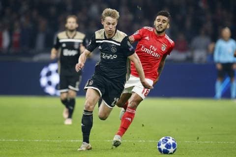 AMSTERDAM, Stadium Johan Cruyff Arena 23-10-20-18, football, season 2018 2019, Football Champions League . Ajax player Frenkie de Jong (L) and Benfica player Eduardo Salvio (R) during the game Ajax - Benfica . Ajax - Benfica  x2562296x