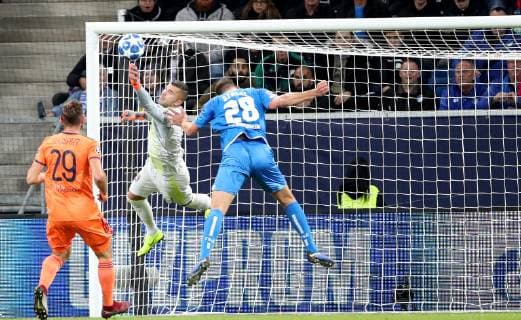 Germany Sinsheim WIRSOL Rhein Neckar Arena 23 10 2018 Soccer Champions League TSG Hoffenheim Olympique Lyon Picture l Lucas Tousart Olympique Lyon 29 Goalkeeper Anthony Lopes Olympique Lyon 1 and Adam Szalai TSG 1899 Hoffenheim 28 Copyright: HMBxMedia xHeikoxBecker