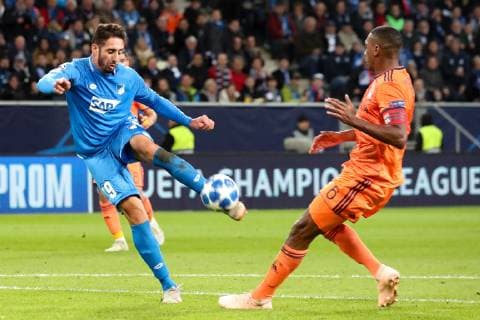 Ishak Belfodil Hoffenheim 19 Marcelo Antonio Guedes Filho Marcelo Lyon 6 Action Action Game Scene Soccer UEFA Champions League TSG 1899 Hoffenheim Olympique Lyon xozx