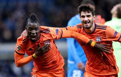 Germany Sinsheim WIRSOL Rhein Neckar Arena 23 10 2018 Soccer Champions League TSG Hoffenheim Olympique Lyon Image sc Goalscorer Bertrand Traore Olympique Lyon 10 and Martin Terrier Olympique Lyon 7 celebrate the 1 0 Copyright: HMBxMedia xHeikoxBecker