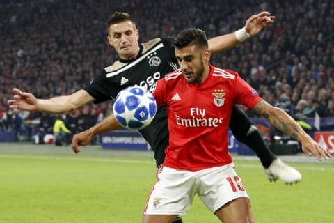 (l-r) Dusan Tadic of Ajax, Eduardo Salvio of SL Benfica during the UEFA Champions League group E match between Ajax Amsterdam and SL Benfica at the Johan Cruijff Arena on October 23, 2018 in Amsterdam, The Netherlands UEFA Champions League 2018 2019 xVIxVIxImagesx xMauricexvanxSteenxIVx 12540438