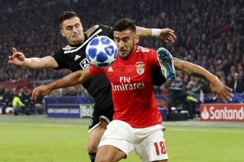 (l-r) Dusan Tadic of Ajax, Eduardo Salvio of SL Benfica during the UEFA Champions League group E match between Ajax Amsterdam and SL Benfica at the Johan Cruijff Arena on October 23, 2018 in Amsterdam, The Netherlands UEFA Champions League 2018 2019 xVIxVIxImagesx xMauricexvanxSteenxIVx 12540439