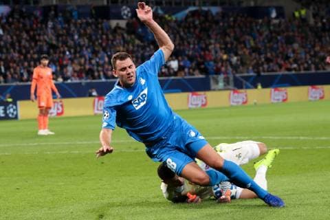 v left Anthony Lopes Goalkeeper Lyon 1 Adam Szalai Hoffenheim 28 Duel duel tackle tackling Dynamics Action Action Soccer UEFA Champions League TSG 1899 Hoffenheim Olympique Lyon xozx