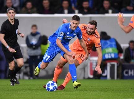FOOTBALL CHAMPIONS LEAGUE SEASON 2018 2019 GROUP PHASE TSG 1899 Hoffenheim Olympique Lyon 23 10 2018 Andrej Kramaric Center TSG 1899 Hoffenheim against Lucas Tousart re Lyon