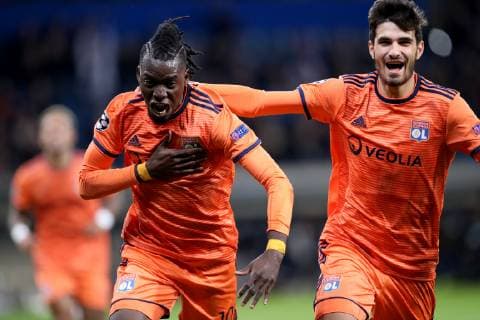 Germany Sinsheim WIRSOL Rhein Neckar Arena 23 10 2018 Soccer Champions League TSG Hoffenheim Olympique Lyon Image sc Goalscorer Bertrand Traore Olympique Lyon 10 and Martin Terrier Olympique Lyon 7 celebrate the 1 0 Copyright: HMBxMedia xHeikoxBecker