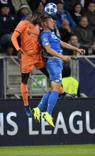 Head duel Duel action Ferland Mendy Olympique Lyon v Pavel Kaderabek TSG 1899 Hoffenheim TSG 1899 Hoffenheim vs Olympique Lyon Champions League CL Group stage 23 10 2018 DFL REGULATIONS PROHIBIT ANY USE OF PHOTOGRAPH AS IMAGE SEQUENCES AND OR QUASI VIDEO TSG 1899 Hoffenheim vs Olympique Lyon