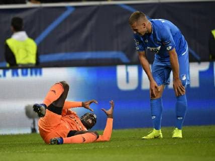after duel action Pavel Kaderabek TSG 1899 Hoffenheim v Ferland Mendy Olympique Lyon injury injured on the ground TSG 1899 Hoffenheim vs Olympique Lyon Champions League CL group stage 23 10 2018 DFL REGULATIONS PROHIBIT ANY USE OF PHOTOGRAPH AS IMAGE SEQUENCES AND OR QUASI VIDEO TSG 1899 Hoffenheim vs Olympique Lyon