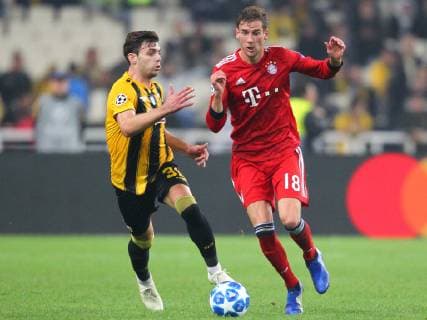 AEK Athens v Bayern Munich UEFA Champions League Lucas Boye of AEK Athens and Leon Goretzka of Bayern Munich during the UEFA Champions League match at Olympic Stadium, Athens Content Not Available For UK Newspapers Copyright: xYannisxHalasx FIL-12443-0040