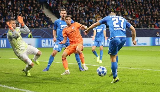 Sinsheim football Champions League TSG Hoffenheim vs Olympique Lyon Goal to the 1 1 from left Anthony Lopes Lyon Houssem Aouar Lyon scorer Andrej Kramaricc Hoff