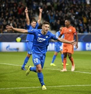 Goal to 1 1 Andrej Kramaric TSG 1899 Hoffenheim Torjubel TSG 1899 Hoffenheim vs Olympique Lyon Champions League CL Group Stage 23 10 2018 DFL REGULATIONS PROHIBIT ANY USE OF PHOTOGRAPH AS IMAGE SEQUENCES AND OR QUASI VIDEO TSG 1899 Hoffenheim vs Olympique Lyon