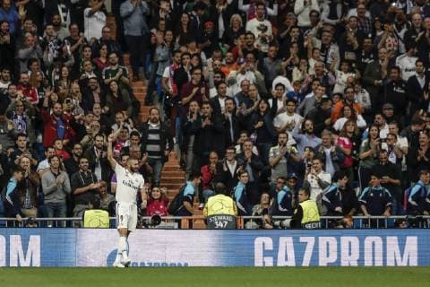23rd October 2018, Santiago Bernabeu, Madrid, Spain; UEFA Champions League football, Real Madrid versus Viktoria Plzen; Karim Benzema (Real Madrid) celebrates his goal which made it (1-0)  ActionPlus12072568 ShotxforxPress