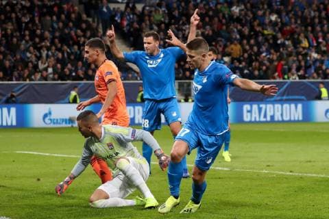 v left Adam Szalai Hoffenheim 28 goalscorer Andrej Kramaric Hoffenheim 27 cheering on goal 1 1 cheering goalscoring goalkeeping celebrate the goal goal celebration cheering on goal optimistic match scene highlight action action football UEFA Champions League TSG 1899 Hoffenheim Olympique Lyon xozx