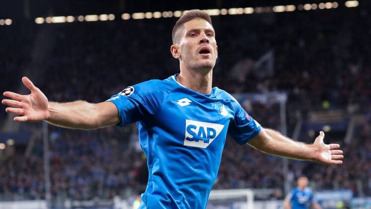 Goalscorer Andrej Kramaric Hoffenheim 27 rejoices over the goal 1 1 rejoicing goalscoring goalkeeping celebrate the goal goal celebration cheering over the goal optimistic scene scene action action action football UEFA Champions League TSG 1899 Hoffenheim Olympique Lyon xozx