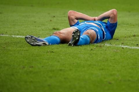 Adam Szalai Hoffenheim 28 is disappointed on the pitch looking disappointment frustration disappointed pessimistic football UEFA Champions League TSG 1899 Hoffenheim Olympique Lyon xozx