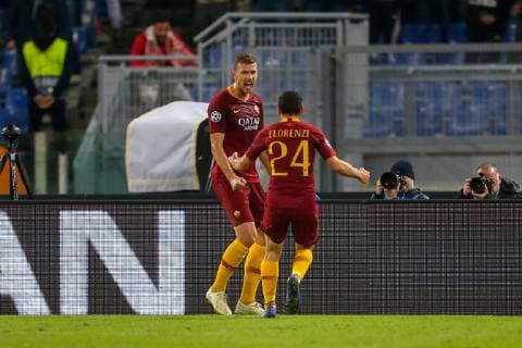 23rd October 2018, Stadio Olimpico, Rome, Italy; UEFA Champions League football, Roma versus CSKA Moscow; Edin Dzeko of Roma celebrates with teammate Alessandro Florenzi after scoring his second goal in the 43rd minute  ActionPlus12072606 GiampieroxSposito