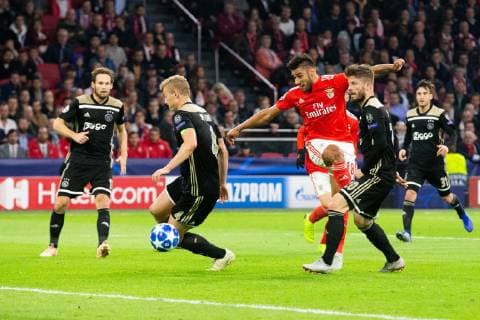 Daley Blind of Ajax, Matthijs de Ligt of Ajax, Eduardo Salvio of SL Benfica, Lasse Schone of Ajax during the UEFA Champions League group E match between Ajax Amsterdam and SL Benfica at the Johan Cruijff Arena on October 23, 2018 in Amsterdam, The Netherlands UEFA Champions League 2018 2019 xVIxVIxImagesx xTomxBodexMultimediaxIVx 12540788