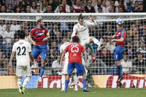 23rd October 2018, Santiago Bernabeu, Madrid, Spain; UEFA Champions League football, Real Madrid versus Viktoria Plzen; David Limbersky (Viktoria Plzen) with a clearing header from Gareth Bale  ActionPlus12072617 ShotxforxPress