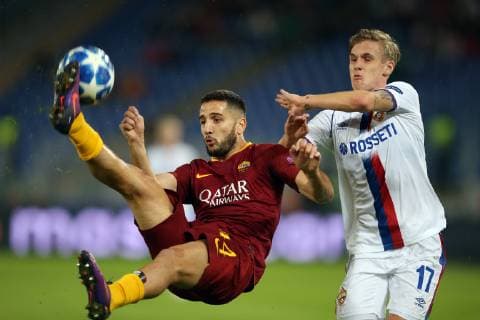 23rd October 2018, Stadio Olimpico, Rome, Italy; UEFA Champions League football, Roma versus CSKA Moscow; Kostas Manolas of Roma performs a scissor kick to beat Arnor Sigurdsson of CSKA Moscow  ActionPlus12072632 GiampieroxSposito