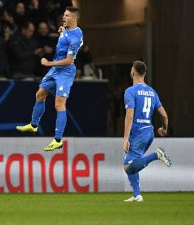 Goal to the 2 1 Andrej Kramaric TSG 1899 Hoffenheim Torjubel with Ermin Bicakcic TSG 1899 Hoffenheim TSG 1899 Hoffenheim vs Olympique Lyon Champions League CL Group Stage 23 10 2018 DFL REGULATIONS PROHIBIT ANY USE OF PHOTOGRAPH AS IMAGE SEQUENCES AND OR QUASI VIDEO TSG 1899 Hoffenheim vs Olympique Lyon