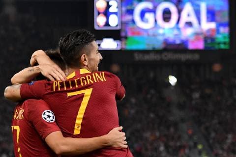 Fußball, CL, AS Rom - ZSKA Moskau Cengiz Under of AS Roma celebrates with Lorenzo Pellegrini after scoring the goal of 3-0 during the Uefa Champions League 2018 2019 Group G football match between AS Roma and CSKA Moscow at Olimpico stadium Allianz Stadium, Rome, October, 23, 2018 Foto Andrea Staccioli Insidefoto andreaxstaccioli