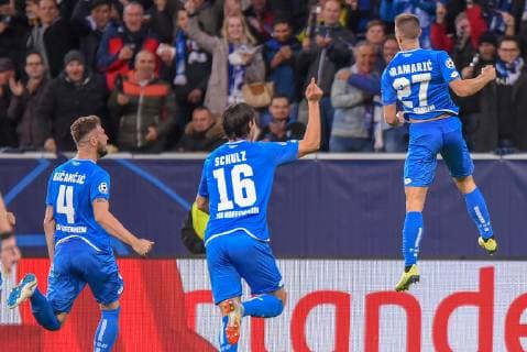 Torjubel goalkeeper Andrej Kramaric TSG 1899 Hoffenheim Rejoicing and delight with Ermin Bicakcic TSG 1899 Hoffenheim and Nico Schulz TSG 1899 Hoffenheim Germany Sinsheim 23 10 2018 Sport Soccer UEFA Champions League Matchday 3 TSG 1899 Hoffenheim vs Olympique Lyon Rhein Neckar Arena DFL DFB REGULATIONS PROHIBIT ANY USE OF PHOTOGRAPHS AS IMAGE SEQUENCES AND OR QUASI VIDEO