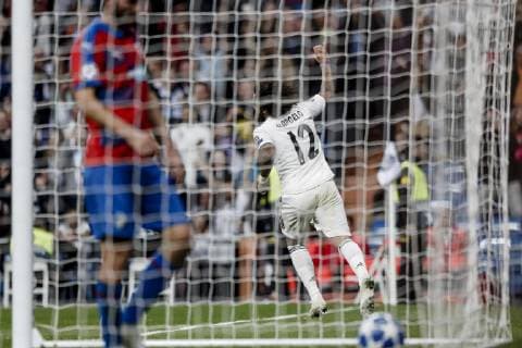 23rd October 2018, Santiago Bernabeu, Madrid, Spain; UEFA Champions League football, Real Madrid versus Viktoria Plzen; Marcelo Viera (Real Madrid) celebrates his goal which made it (2-0) in minute 55  ActionPlus12072709 ShotxforxPress