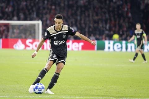 AMSTERDAM, Stadium Johan Cruyff Arena 23-10-20-18, football, season 2018 2019, Football Champions League . Ajax player Noussair Mazraoui scores the 1-0 during the game Ajax - Benfica . Ajax - Benfica  x2562842x