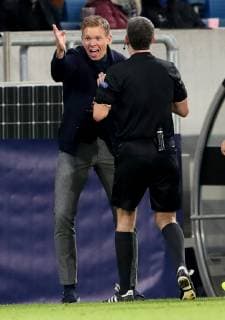 Germany Sinsheim WIRSOL Rhein Neckar Arena 23 10 2018 Soccer Champions League TSG Hoffenheim Olympique Lyon Picture v l Coach Julian Nagelsmann TSG 1899 Hoffenheim and referee Referee Alberto Undiano Mallenco Copyright: HMBxMedia xHeikoxBecker