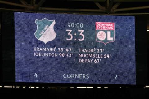 The scoreboard shows the final score 3 3 Symbolfoto Symbolic image Symbol Football UEFA Champions League TSG 1899 Hoffenheim Olympique Lyon xozx