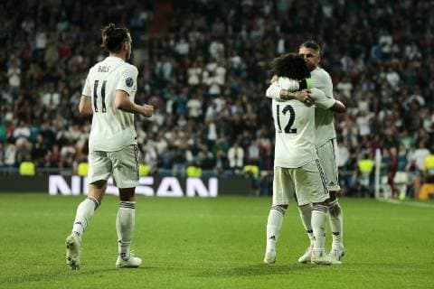 Real Madrid s (L-R) Gareth Bale, Marcelo Vieira and Sergio Ramos celebrate goal during UEFA Champions League match between Real Madrid and FC Viktoria Plzen at Santiago Bernabeu Stadium in Madrid, Spain. October 23, 2018.  (20181023042)