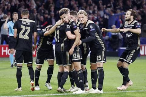 AMSTERDAM, Stadium Johan Cruyff Arena 23-10-20-18, football, season 2018 2019, Football Champions League . Ajax player Noussair Mazraoui (C) and Ajax player Kasper Dolberg (R) celebrating the win after the game Ajax - Benfica (1-0). Ajax - Benfica  x2562919x