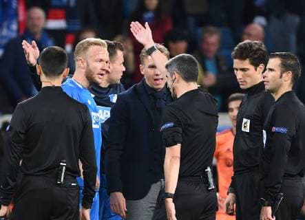 TSG 1899 Hoffenheim Kevin Vogt TSG 1899 Hoffenheim with referee Alberto Undiano Mallenco ESP DFL DFB REGULATIONS PROHIBIT ANY USE OF PHOTOGRAPHS as IMAGE SEQUENCES and or QUASI VIDEO Sinsheim prio:1