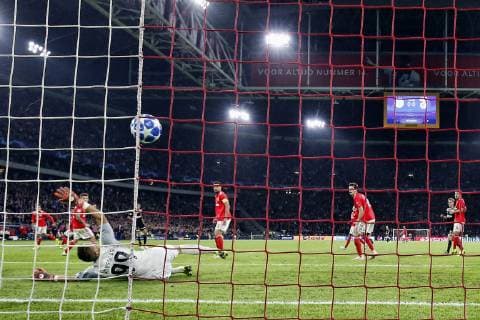 AMSTERDAM, Stadium Johan Cruyff Arena 23-10-20-18, football, season 2018 2019, Football Champions League . Noussair Mazraoui scores 1-0mduring the game Ajax - Benfica 1-0. Ajax - Benfica  x2562927x