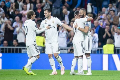 Real Madrid Luka Modric, Nacho Fernandez, Lucas Vazquez and Karim Benzema celebrating a goal during UEFA Champions League match between Real Madrid and FC Viktoria Plzen at Santiago Bernabeu Stadium in Madrid, Spain. October 23, 2018.  (1766015)