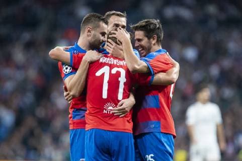 FC Viktoria Plzen Patrik Hrosovsky and Ales Cermak celebrating a goal during UEFA Champions League match between Real Madrid and FC Viktoria Plzen at Santiago Bernabeu Stadium in Madrid, Spain. October 23, 2018.  (2098036)