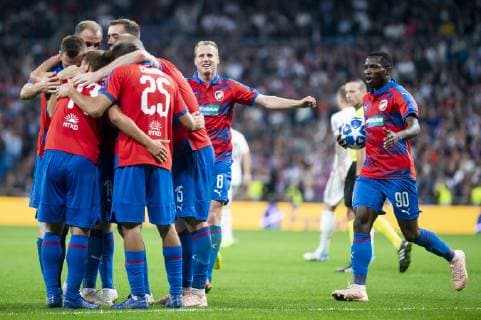 FC Viktoria Plzen Patrik Hrosovsky and Ales Cermak celebrating a goal during UEFA Champions League match between Real Madrid and FC Viktoria Plzen at Santiago Bernabeu Stadium in Madrid, Spain. October 23, 2018.  (2105037)
