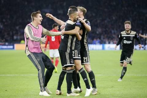 AMSTERDAM, Stadium Johan Cruyff Arena 23-10-20-18, football, season 2018 2019, Football Champions League, Ajax players celebrating the 1-0 of Ajax player Noussair Mazraoui(r) celebrating the 1-0 during the game Ajax - Benfica. Ajax - Benfica  x2563017x