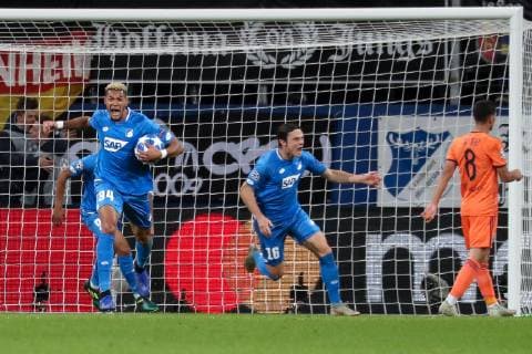Reiss Luke Nelson Hoffenheim 9 face-to-face goalscorer Joelinton Cassio Apolinario de Lira Joelinton Hoffenheim 34 Houssem Aouar Lyon 8 celebrate goalkeeper 3 3 Cheers Torjubel Goalkeeping celebrate the goal goal celebration Cheering over the goal optimistic Game scene Highlight Action Action Football UEFA Champions League TSG 1899 Hoffenheim Olympique Lyon xozx