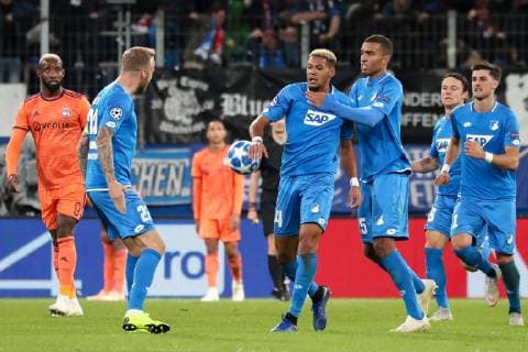 Kevin Kevin Hoffenheim 22 Goalkeepers Joelinton Cassio Apolinario de Lira Joelinton Hoffenheim 34 Kevin Nico Schulz Hoffenheim 16 Florian Grillitsch Hoffenheim 11 celebrate the goal 3 3 cheering goal success celebrate the goal goal celebration cheering over the goal optimistic scene scene action Action Football UEFA Champions League TSG 1899 Hoffenheim Olympique Lyon xozx